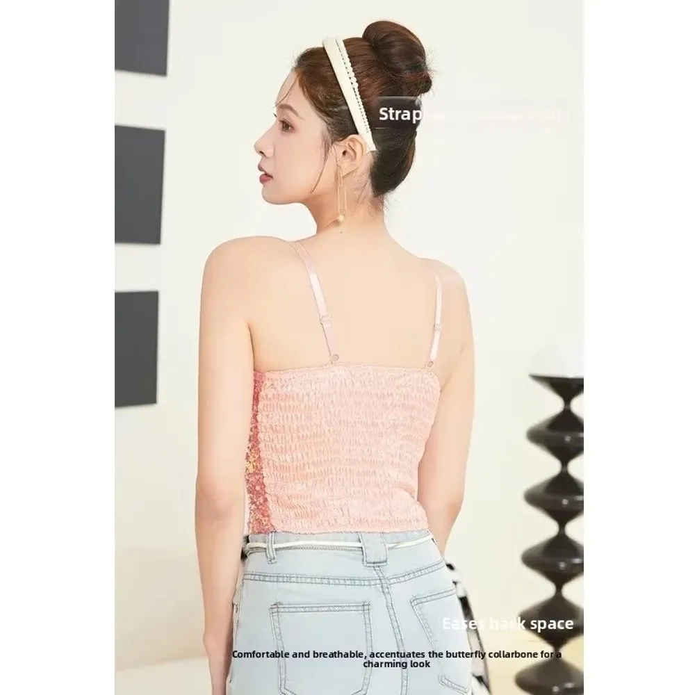 Shiny Sequin Sequin One-Piece Tank Top Fixed Wrap Chest High Elasticity Backless Vest Underwear Short Base Layer Vest Top Summer