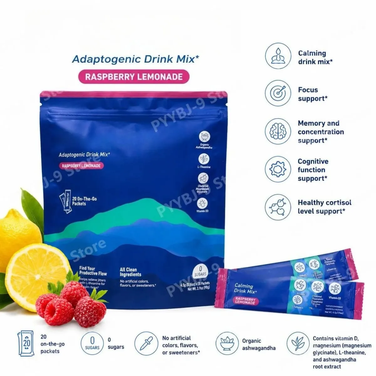 Calming Powder Drink Mix with L-Theanine Focus Memory Concentration & Cognitive Support Healthy Cortisol Balance 20 Packets