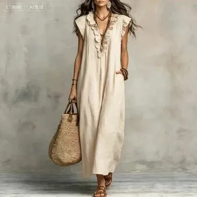 2026 verão feminino boho algodão linho maxi vestido cor sólida plissado decote em v sem mangas solto vestidos longos com bolsos casual praia