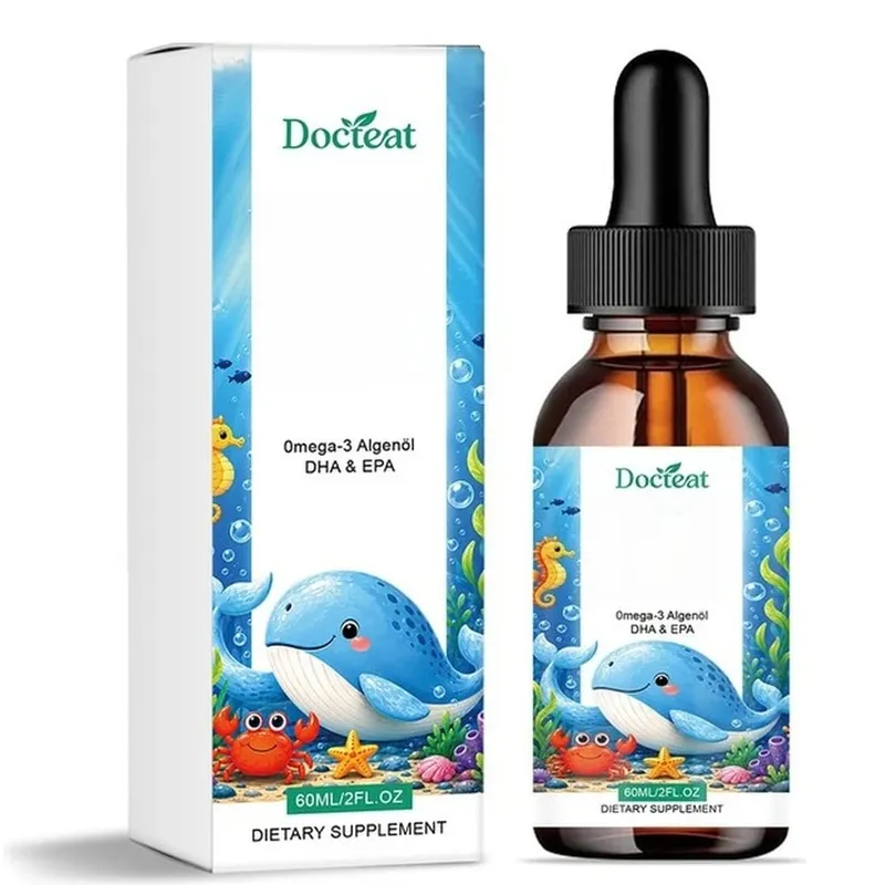 Docteat óleo de algas ômega-3 à base de plantas DHA EPA gotas líquidas para crianças saúde do cérebro vegano não-OGM nutrição diária laranja 60 porções