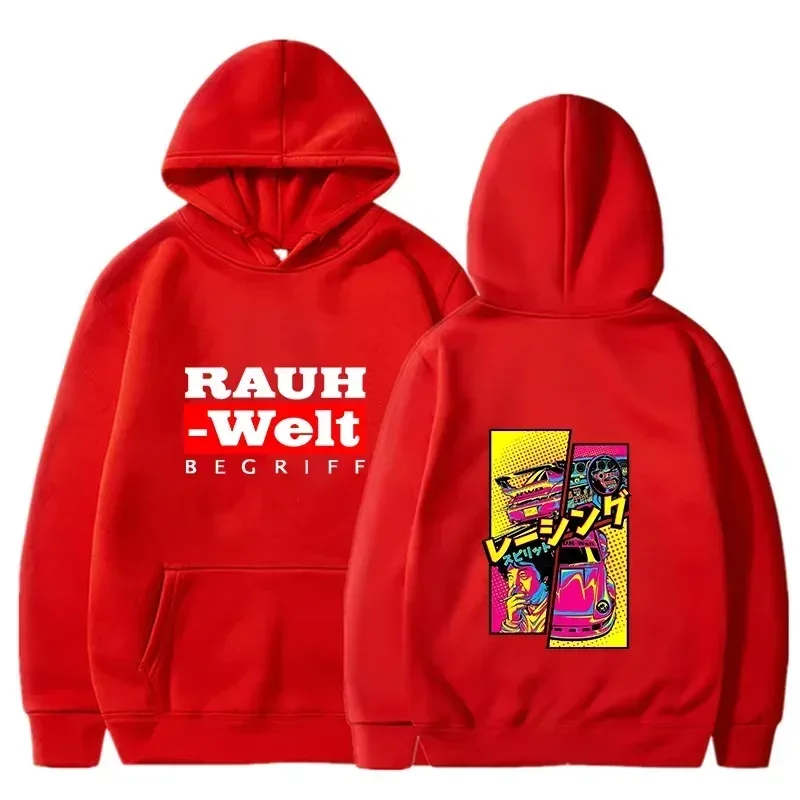 Rauh Welt Hoodie Car Widebody Tuning JDM Racing Pop Art Komik Estetik Hitam Bersaiz Besar Baju Kasual Lengan Panjang