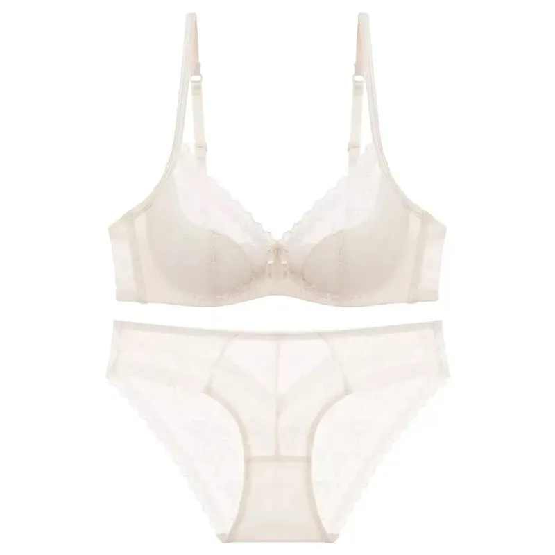 Thin Lace Lingerie Set for Summer Small Chest Gathering Soft Steel Ring Support Anti Sagging Bra Underwear Two-Piece Set — image 3