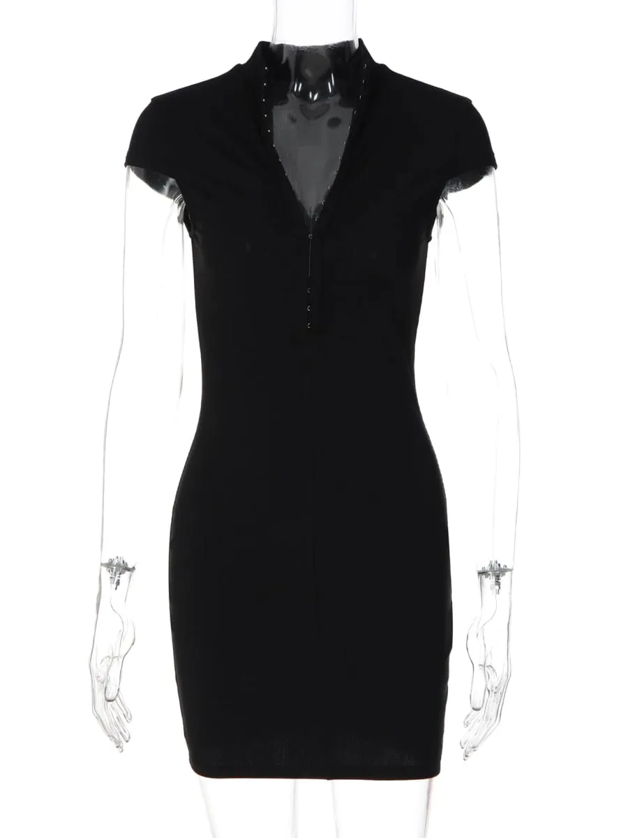 Hugcitar Fashion Solid Short Sleeve Buttons Sexy Slim Mini Dress Summer Women Casual Clothes Streetwear Party Club Sundress