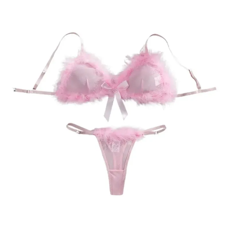 Furry Women's Underwear Mesh Transparent Bow Decor Lingerie Set Romantic Intimate Wireless Bra Panties Suit Intimate Moments
