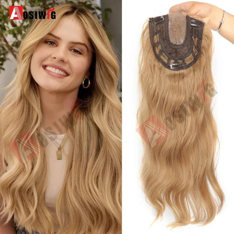 22 Inch Long Wavy Synthetic Hair Topper For Women Clip In Hairpiece Crown Hair Extension With Base Cover Thinning Hair Add Volum — image 10
