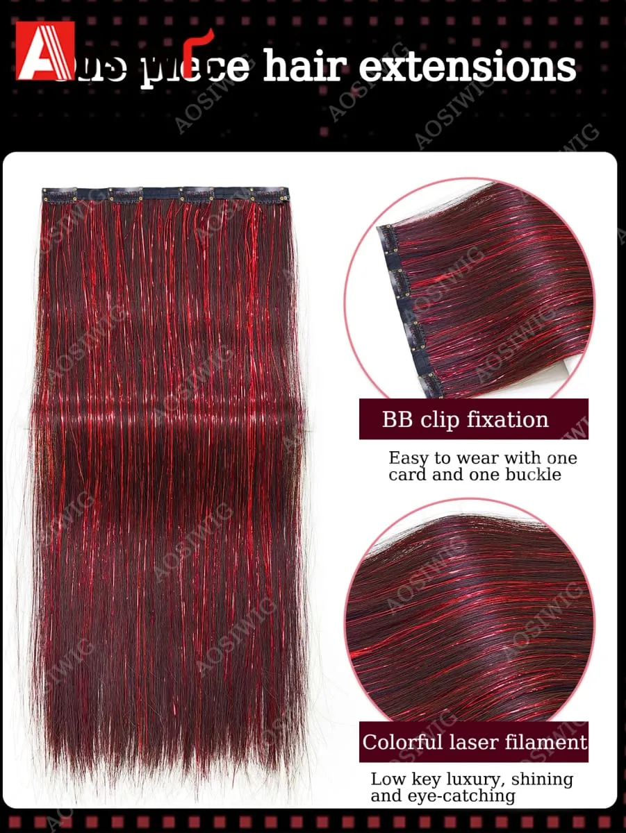 Blue Glitter Tinsel Clip in Hair Extensions One Piece Straight Synthetic Hairpiece with Sparkle Strands for Women Party Daily