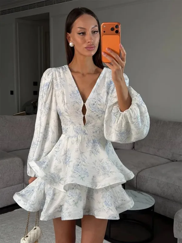 Women Pink Floral Print Chiffon Mini Dress Puff Sleeve Backless Cut Out Waist Tiered Ruffle Hem Dresses 2026 Casual Party Gown
