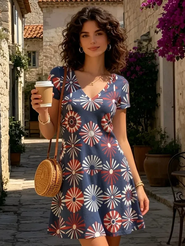 Floral Print Womens V Neck Short Sleeve A Line Dress Relaxed Fit Summer Mini Dress for Everyday Style Travel Holidays and Events — image 9