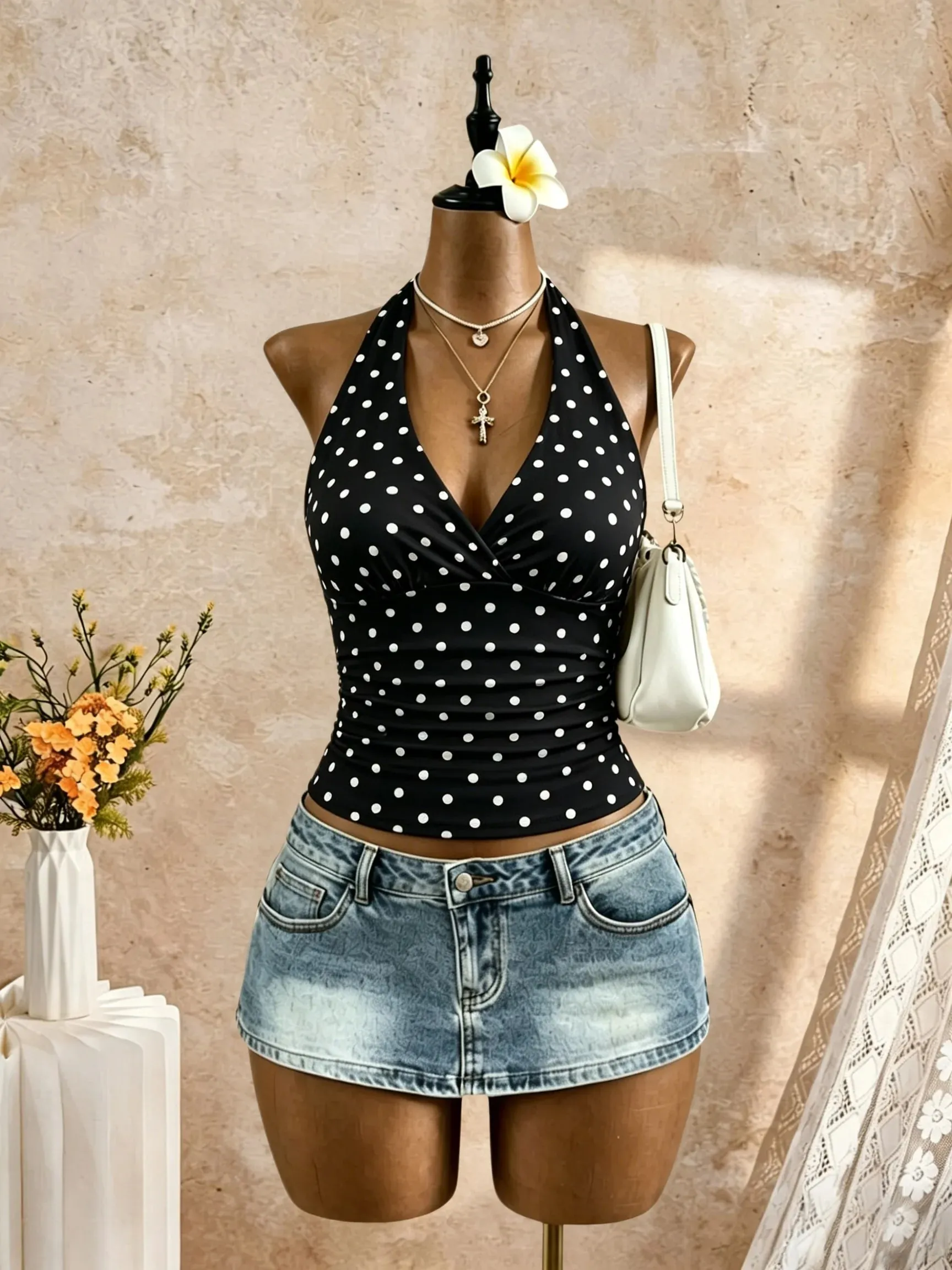 Women Halter Deep V Neck Wrap Front Side Ruched Waist Sleeveless Crop Cami Top Solid White Slim Fit Summer Beach Vacation Casual