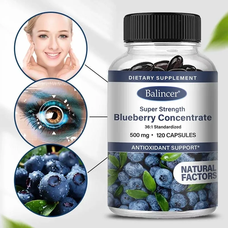 Super silný borůvkový koncentrát 500 mg tobolky 120 měkkých gelů pro zdraví očí vitamíny antioxidanty doplněk zdravého zraku