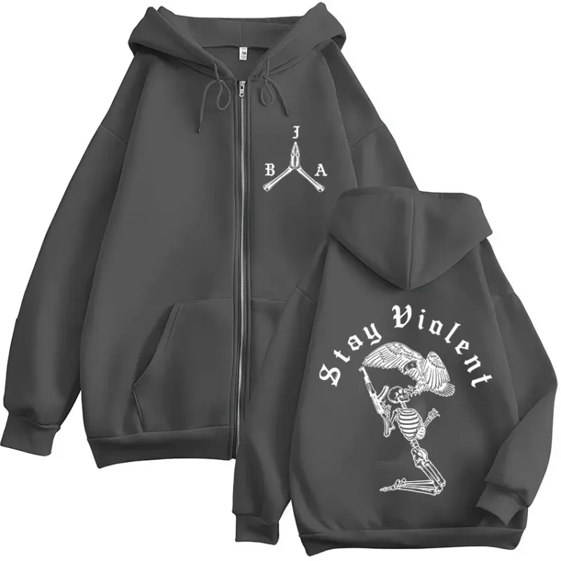 Stay Violent Brothers in Arms Skeleton Printed Zipper Hoodies Men Women Zip Up Hooded Sweatshirts Vintage Pullovers Jackets Coat — image 3