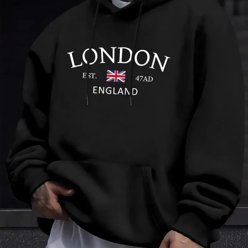 London Fashion Print Hoodies For Men Casual Autumn Winter Casual Sweatshirt Kangaroo Pocket Long Sleeve Autumn/Winter Simple — image 1