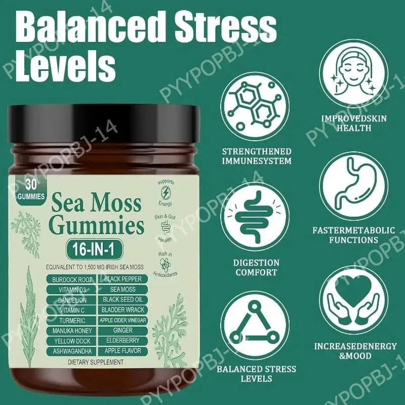 Irish Sea Moss Gummies 1500mg Equivalent 16 in 1 Botanical Blend Apple Flavor Daily Wellness Supplement 30 Count