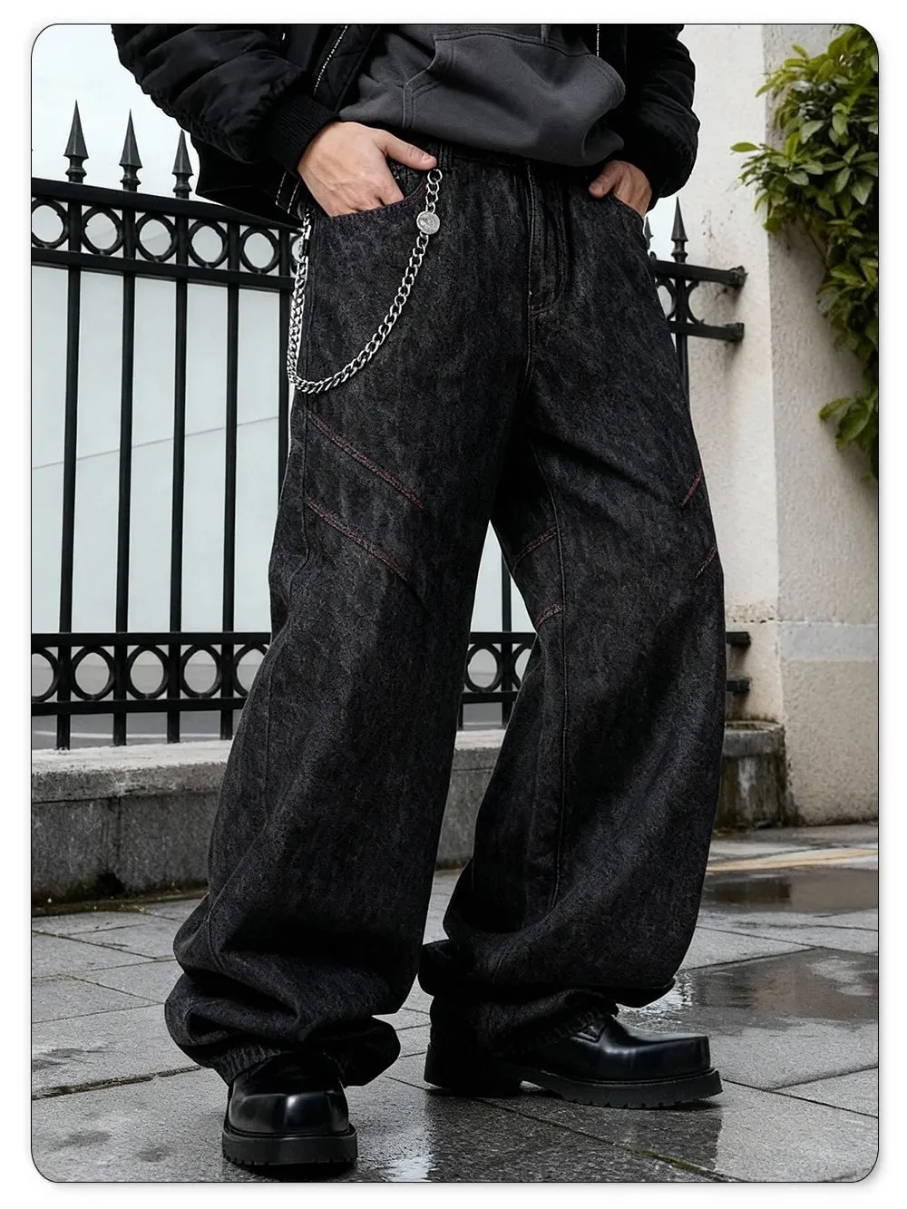 Four Seasons American Retro Men's Black Baggy Wide Leg Jeans Basic Business Casual Loose Denim Pants Unisex Street Jeans — image 9