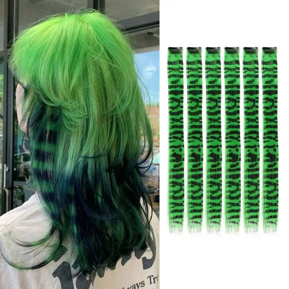 6pcs/set Stripe Printed Hair Colorful Long Straight Hair Piece Synthetic Clip-in Hair Extensions Daily Party Halloween Christmas