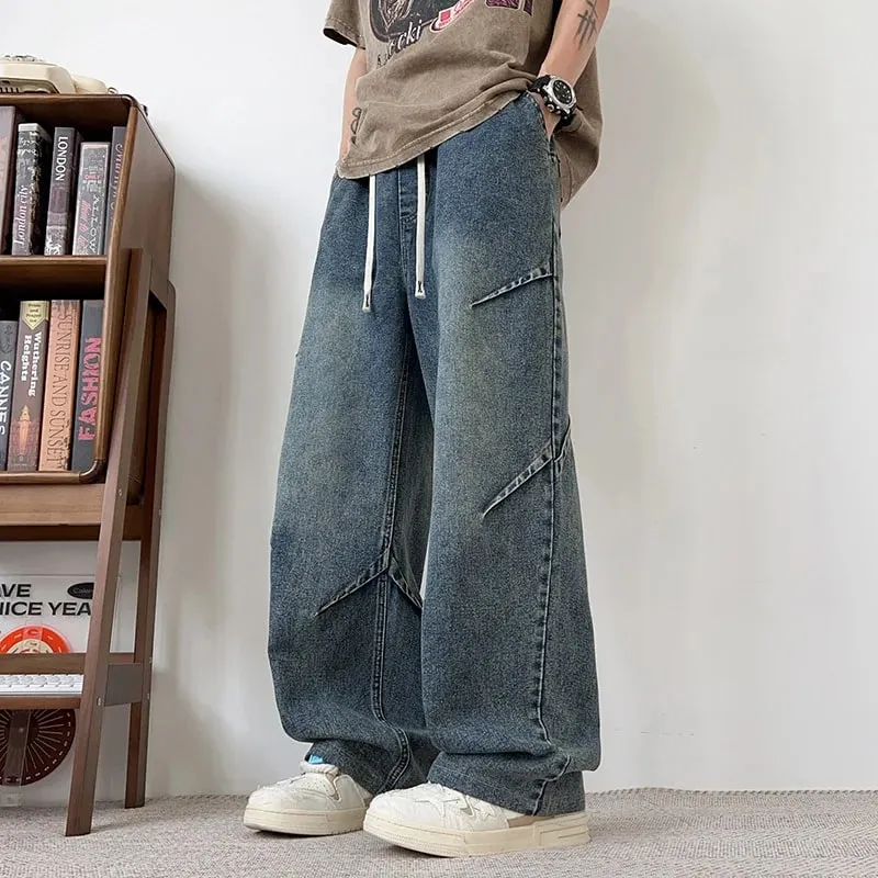 Spring And Summer Korean Retro Men'S Jeans Loose Wide Leg Pants Casual Straight Leg Pants Drawstring Workwear Pants