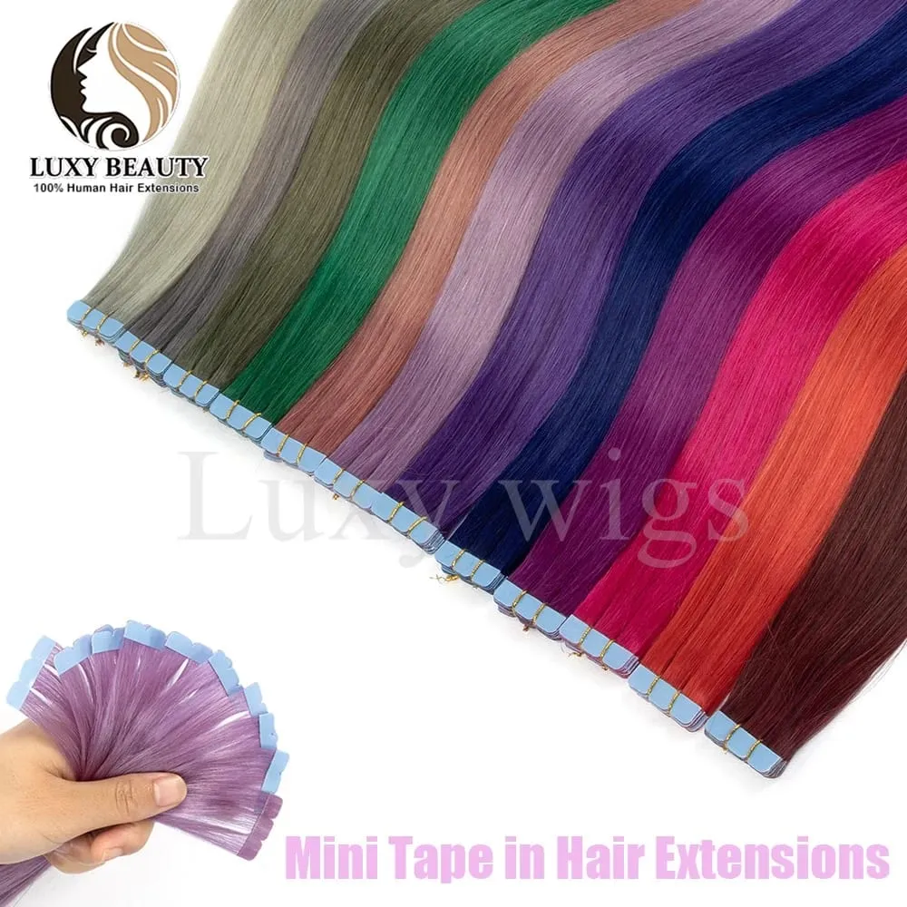 Colored Purple Mini Tape in Human Hair Extensions Invisible Seamless Tape in Hair 10pcs Pink Red Green Blue Mini Tape In Hair