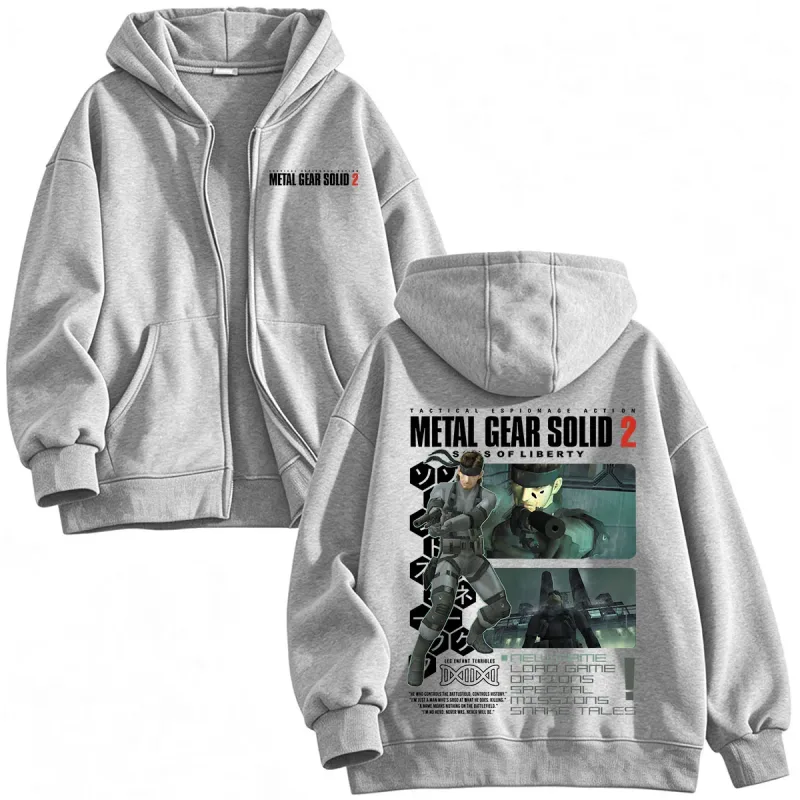 Metal Gear Solid 2 Sons of Liberty MGS2 Solid Snake Game Zipper Hoodies Men Women Fleece Zip Up Hooded Sweatshirts Jackets Coats