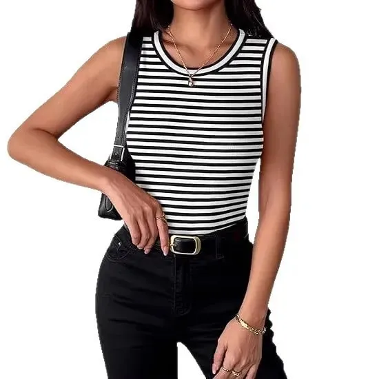 Women Striped Ribbed Tank Top 2026 Summer Casual Sleeveless Round Neck Slim Fit Vest Female Daily Streetwear Basic Undershirt — image 6