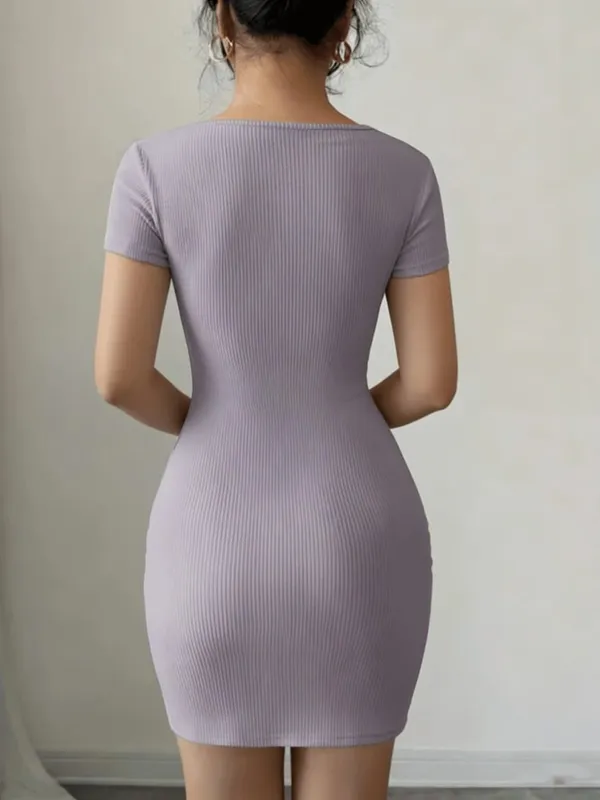 Women's Casual Elegant Comfortable Solid Color One-Neck Short-Sleeved Pleated Mini Skirt Dress