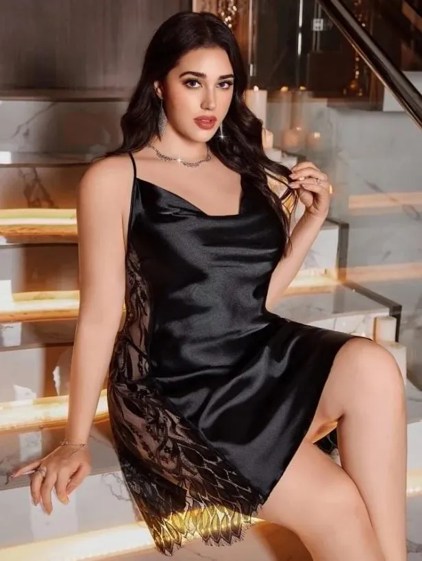 Women's Glossy Black Satin Nightgown Cowl Neck Thin Spaghetti Straps Side Leaf Lace Panel Plus Size Luxurious Home Short Sleep — image 3