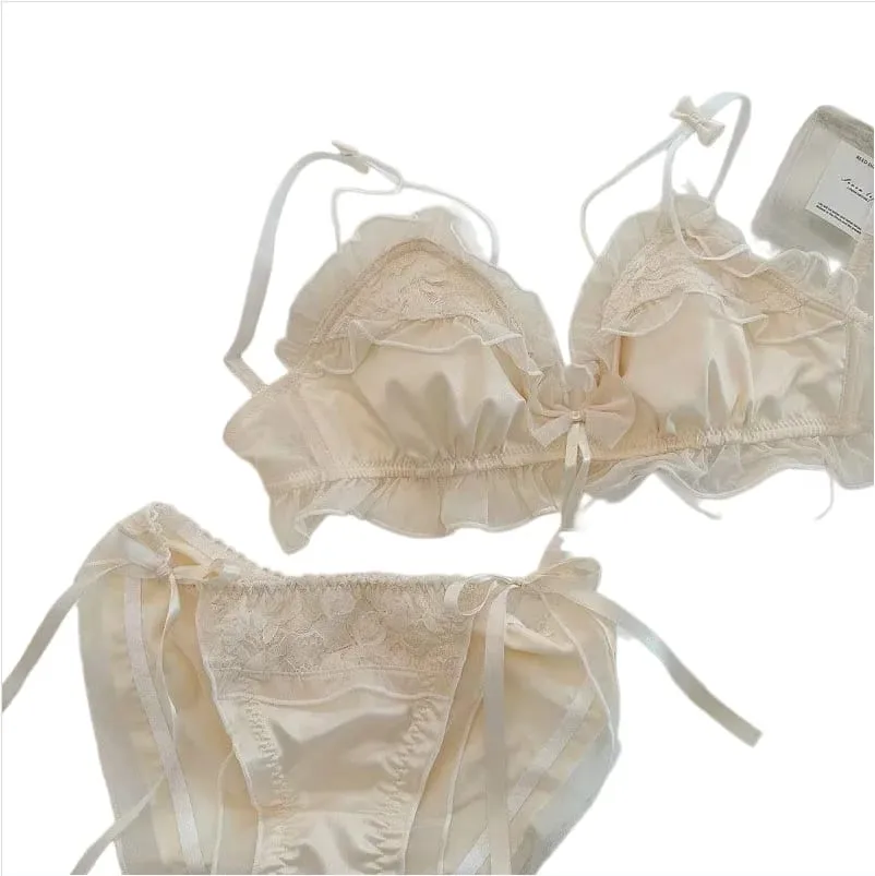 Sexy Lace Bra Thin Breathable Small Breasts Gathered Anti-Sagging Comfortable Non-steel Ring Bow Tie Girls Underwear Set
