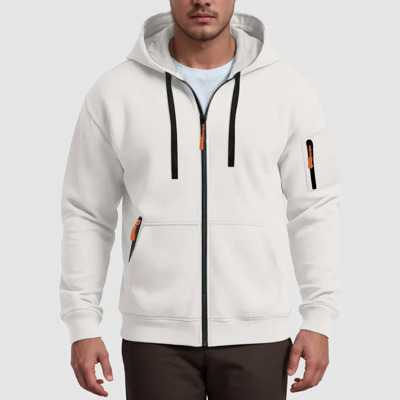 Men's Hoodies Solid Color Loose Zip Up Jacket Arm Zipper Pocket Hoodies Sand Hoodie Men — image 3