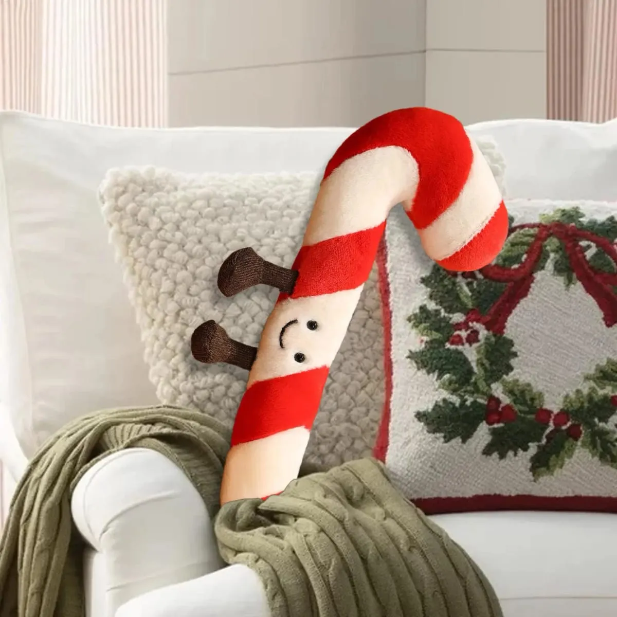 Candy Cane Christmas Throw Pillow 12 Inch - Festive Decorative Pillow for Adults Kids Bedroom Living Room & Stocking Stuffer