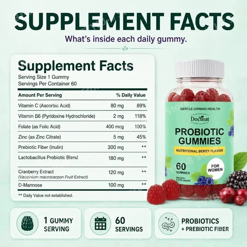 Women Probiotic Gummies 60 Count with Prebiotics Vitamin B6+C and Zinc Supports Digestive Balance & Immune Function Health — image 5