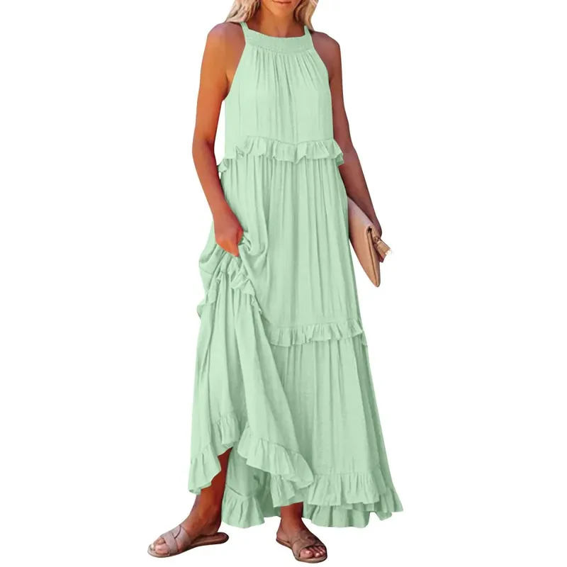 Women Casual Solid Ruffles Long Dress Summer Elegant Sleeveless Sundress Elegant Harajuku Maxi Dress Beach Party Evening Vestido