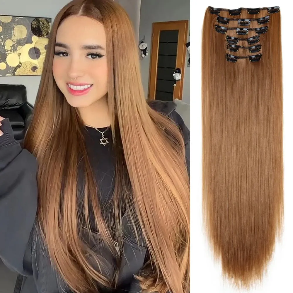 Black Hair Extensions 24"/60cm 6pcs/set Women Long Straight Synthetic Full Head Clip 16 Clips Ombre Heat Resistant Fiber Hair