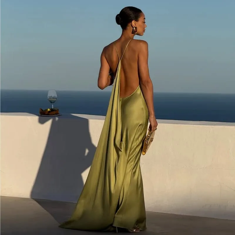 Backless Satin Long Sling Dress Women V Neck Sleeveless Slit Solid Sexy Party Dresses 2026 Summer Lady Vacation Evening Robes — image 7