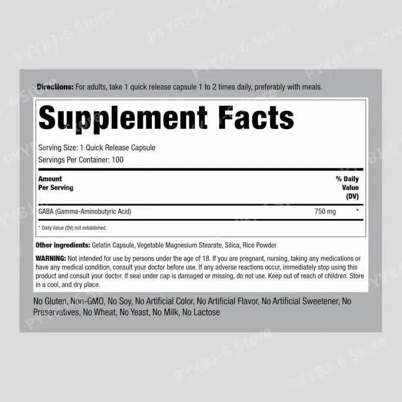 750mg Gamma-Aminobutyric Acid 100 Quick Release Capsules Non-GMO & Gluten Free Dietary Supplement for adult — image 6