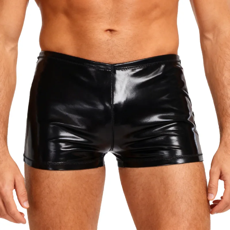 Mens Latex PVC Shiny Leather Solid Shorts Bulge Pouch Boxer Briefs Underpants Underwear Short Pants for Pole Dance Party Club