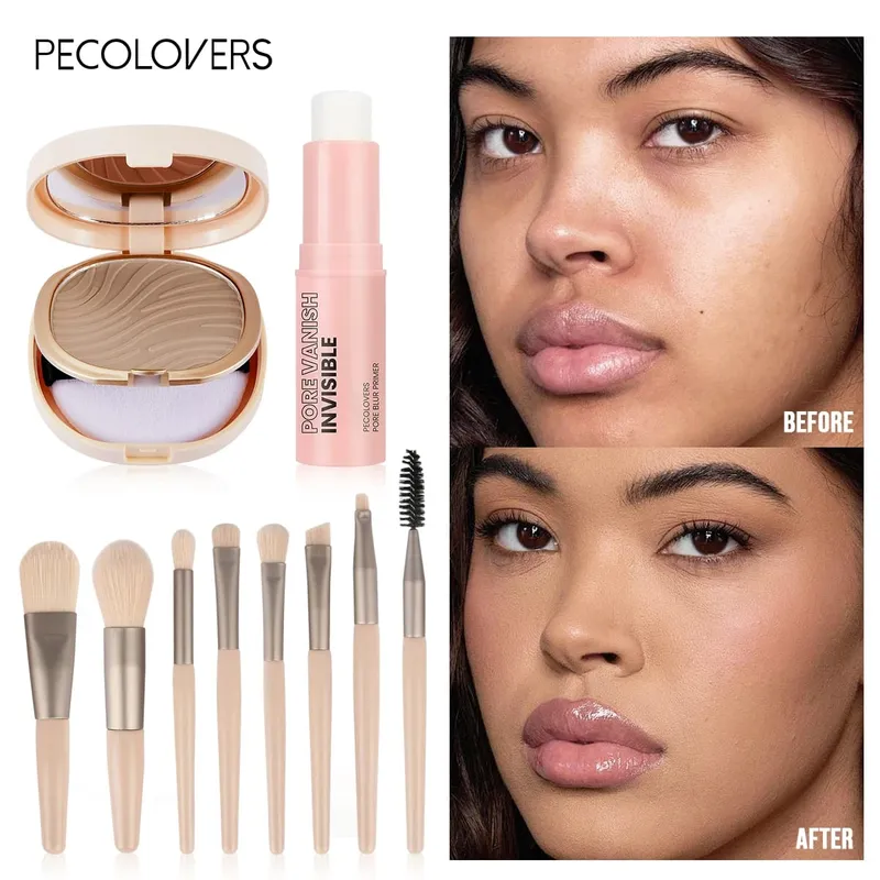10pcs All‑In‑One Base Makeup Kit Pore Minimizing Primer Stick Matte Setting Powder And 8Pcs Professional Makeup Brushes Set