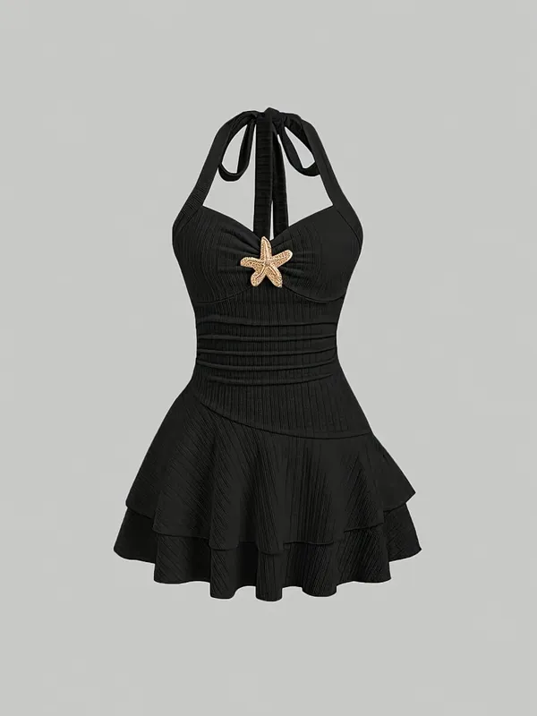White Halter Neck Mini Dress Women's Ruffled Starfish Embellished Summer Casual Evening Gown — image 8