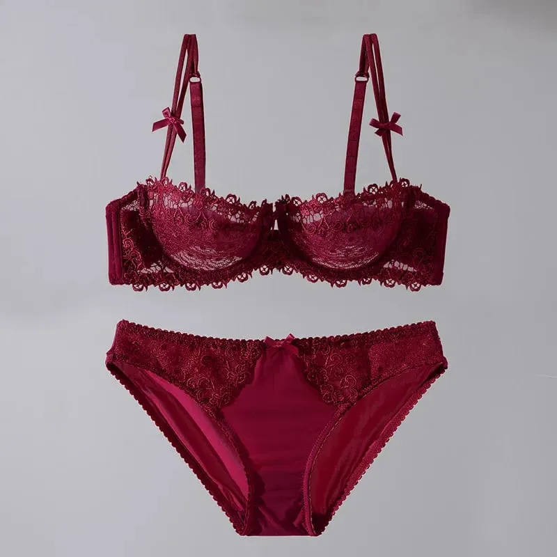 New Sweet Spicy Style Lace Lingerie Set For Women Ultra Thin Half Cup Push Up Bra Soft Steel Ring Comfort Wear