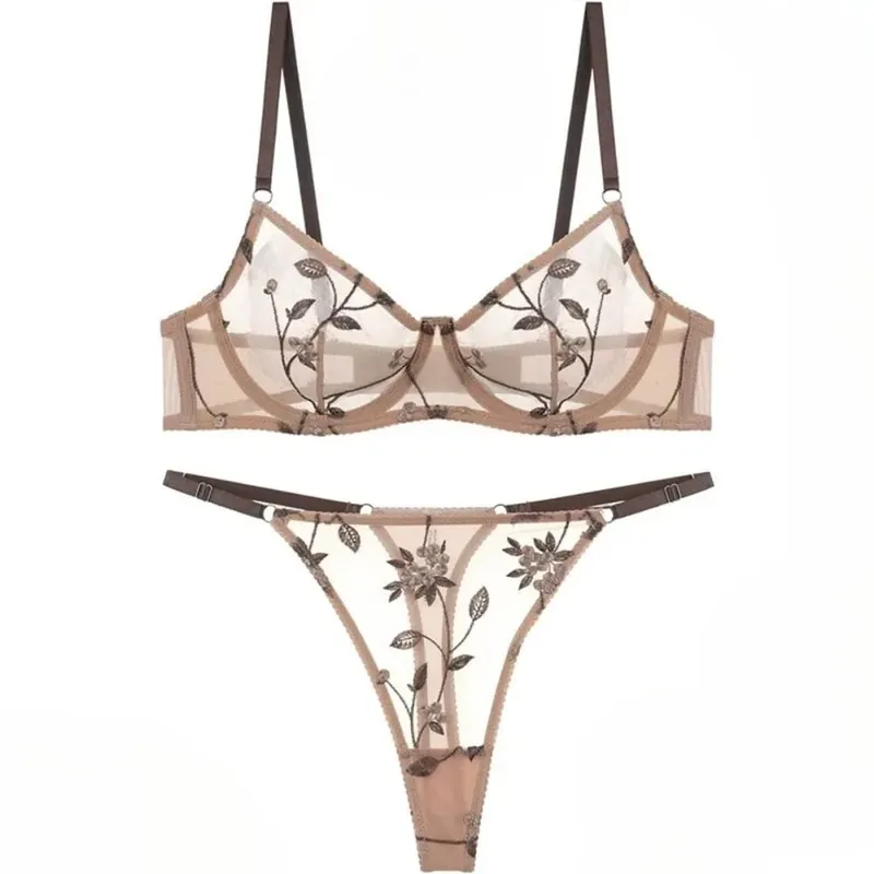 Best Seller Sexy Transparent Mesh Embroidery Lingerie Suit Ultra‑Thin Sheer Bra & Thong Panties Comfort Women Underwear 32‑38AB