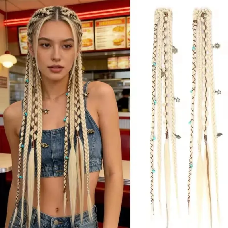 LM Bohemian Style Fried Dough Twists Braid Hairpiece Female Wig Braid BB Clip Style Boxing Braid for Women Festival Rave Styling