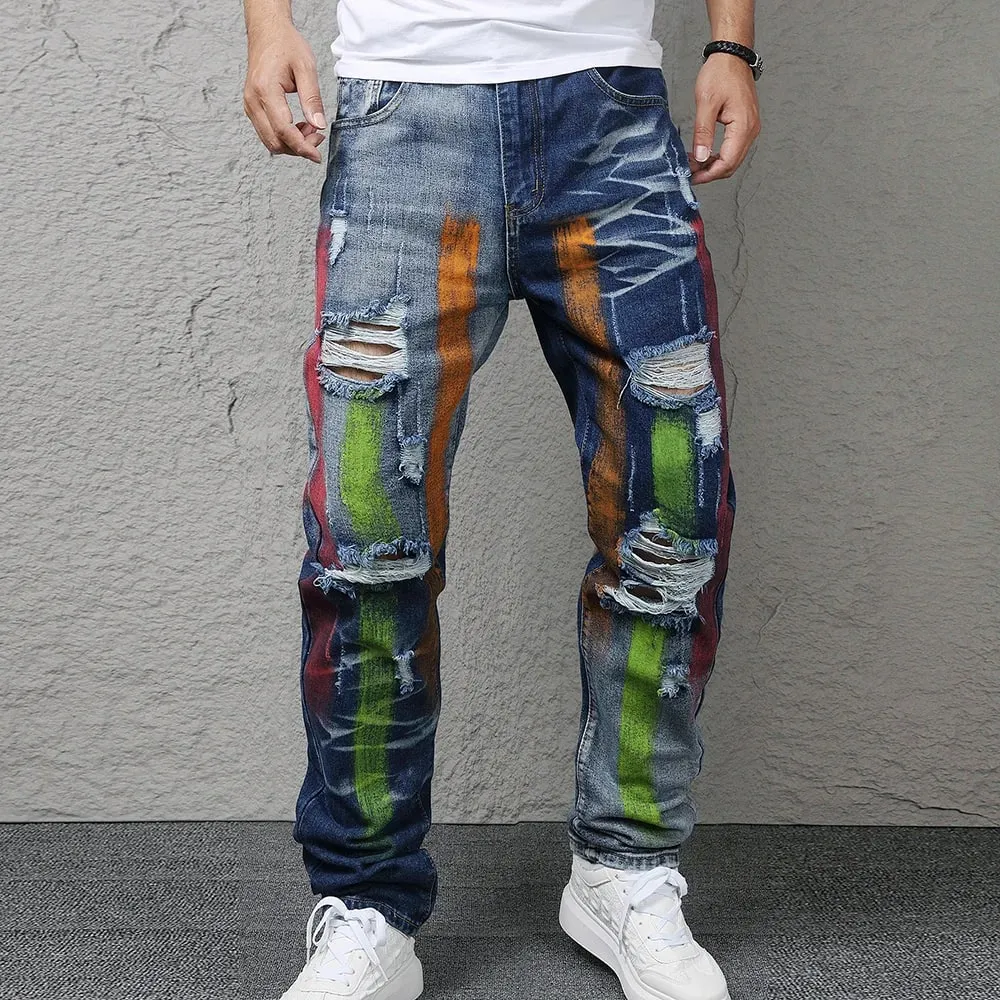 Men Painted Denim Jeans Contrast Color Holes Ripped Distressed Pants Non Stretch Cotton Slim Straight Trousers — image 9