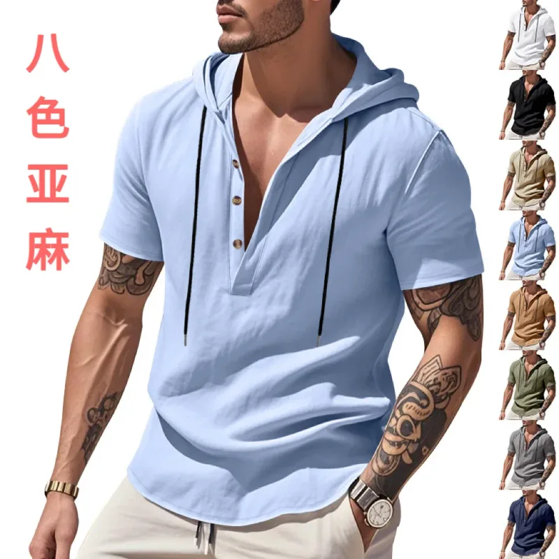 Hoodies men's sweatshirt 2026 summer linen hooded beach casual drawstring short-sleeved T-shirt sweatshirt man's clothing