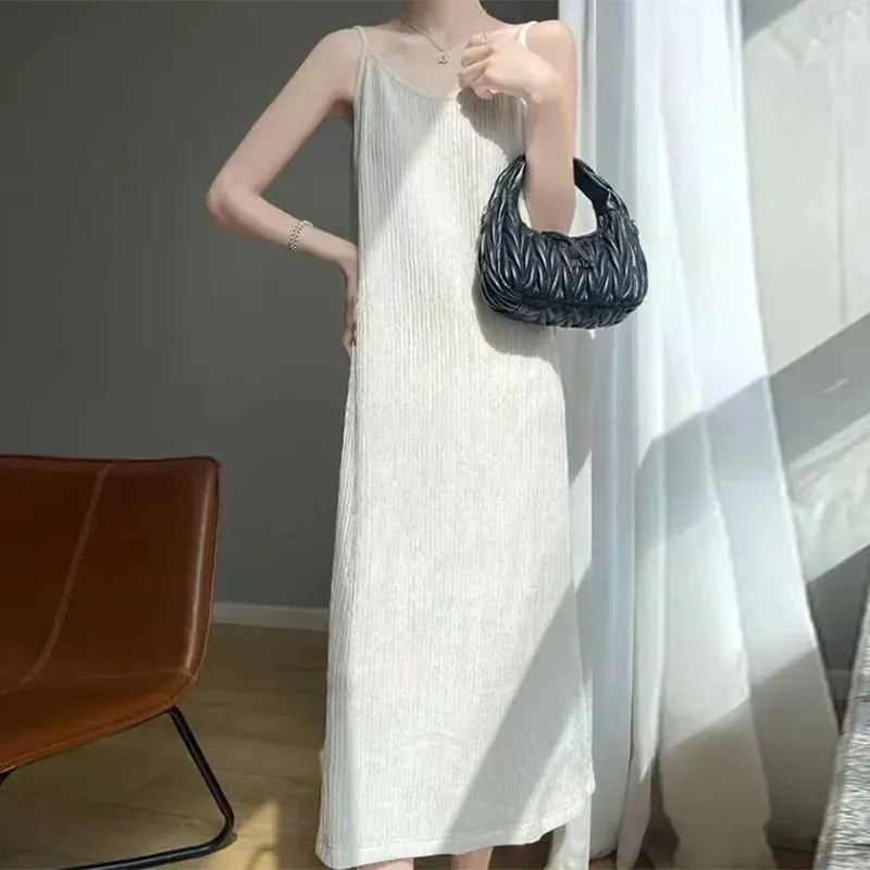 Women Spaghetti Strap Dress 2026 Summer Solid Color Loose Long Beach Sundress Lasy Elegant Sleeveless Evening Party Midi Dresses