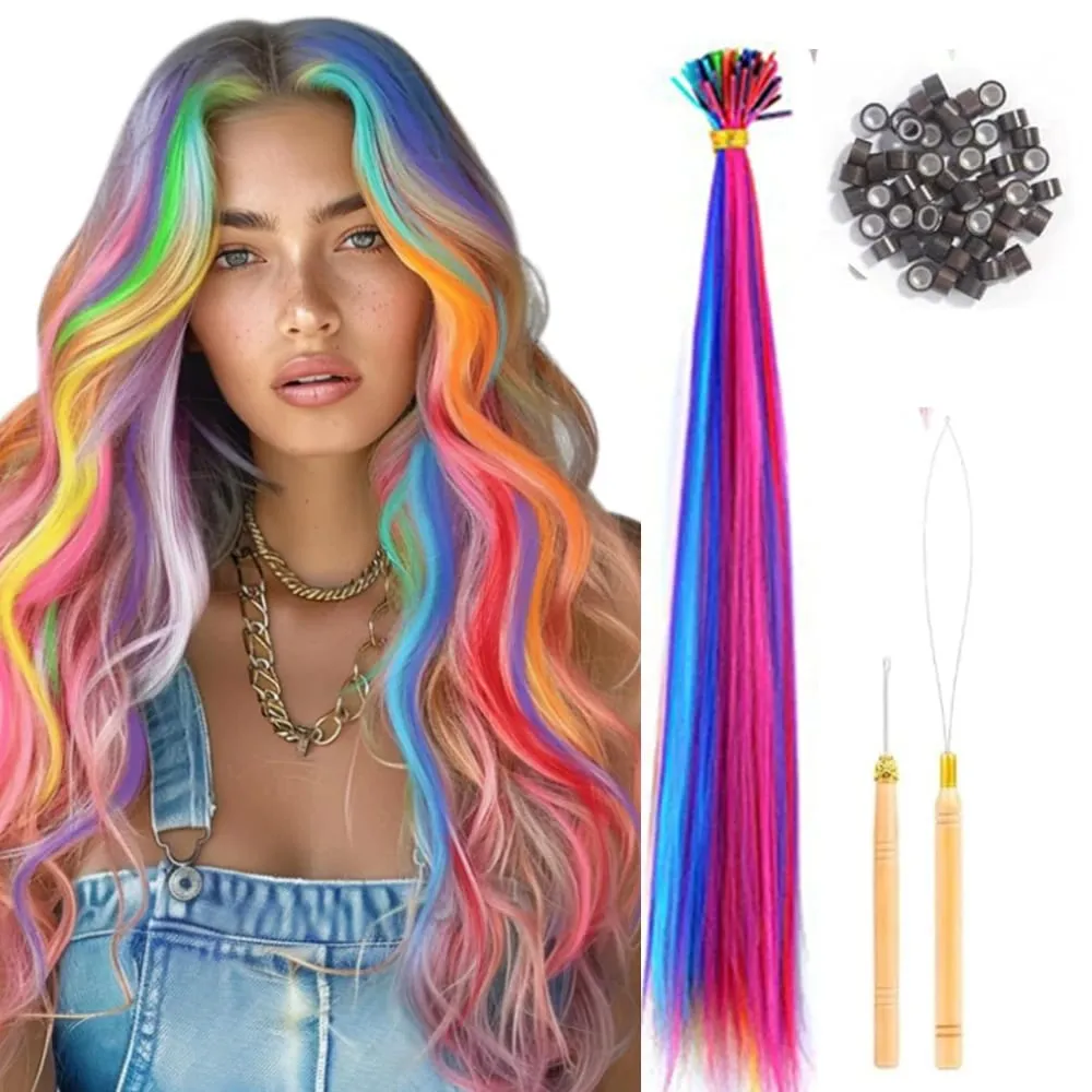 50 Pcs Hair Feathers with Hair Extension Tools Long Straight Synthetic Hair Feather Extensions Kit with Beads for Women Girls