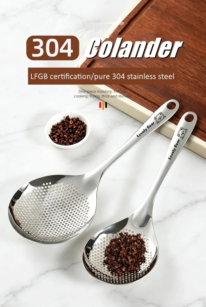 LFGB Certified Pure 304 Stainless Steel Kitchen Cooking Colander Ultra Thick 33cm Handle 12.5cm Head Sieve for Potato Frying — image 8