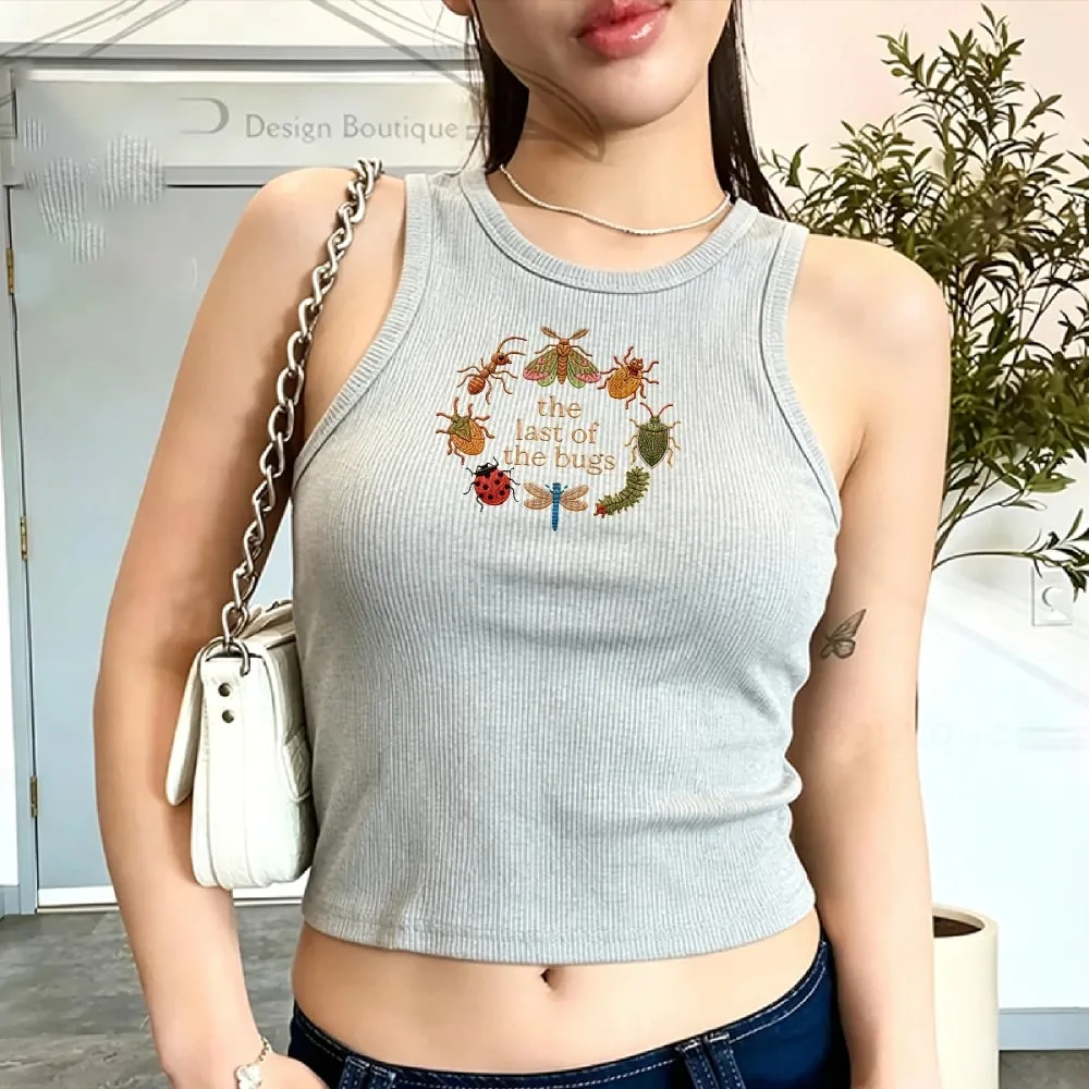 Cropped Ribbed Faux Embroidery Tee Shirt Y2K Cottagecore Insect Bug Print Vest Tank Top Summer Minimal Nature Gift for Her Lady — image 6