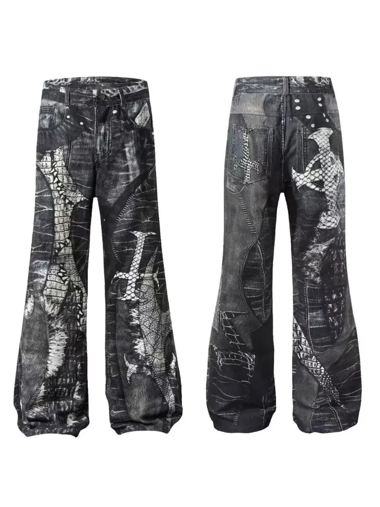 Men's Gothic Crocodile Snake Print Wide Leg Jeans Vintage Washed Denim Pants Streetwear Fashion Loose Straight Fit Trousers — image 4