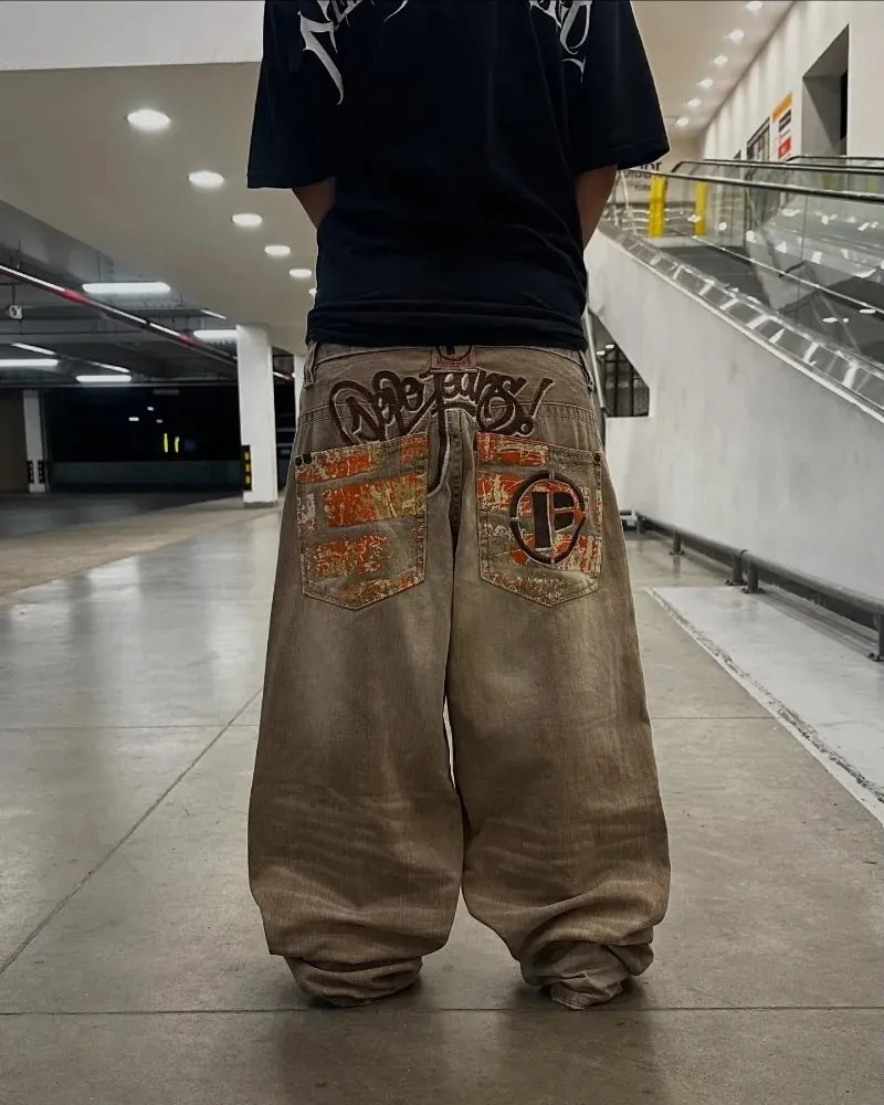 Y2K American Fashion New Oversize Letter Embroidered Yellow Washed Baggy Jeans Men Vintage Gothic Popular Casual Wide-leg Pants