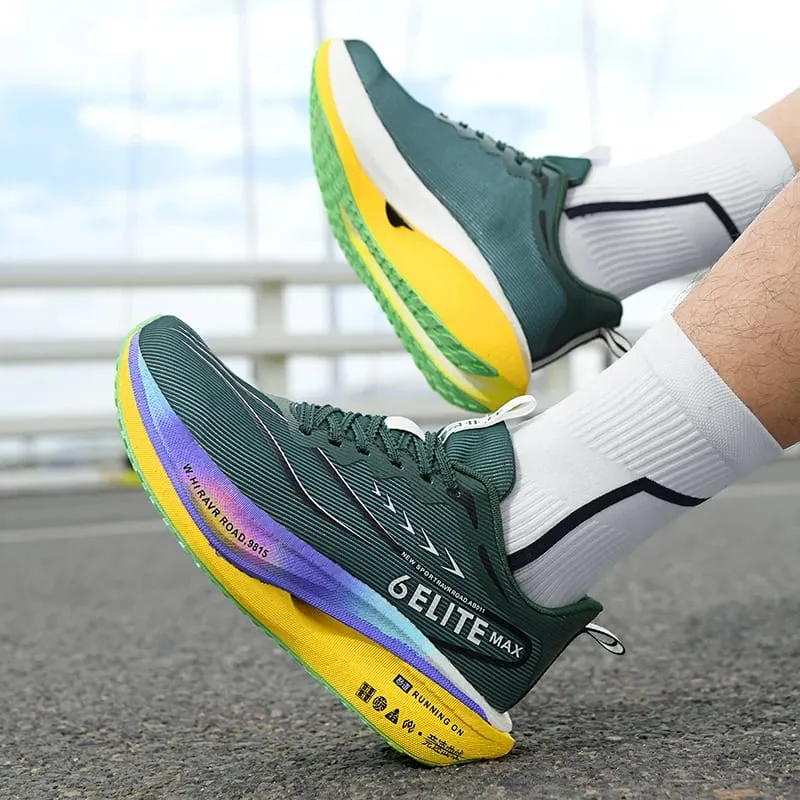 Men's Carbon Plate Sports Shoes Anti-slip Cushioned Elastic Running Sneakers for Couple Teenager Training Lightweight Breathable