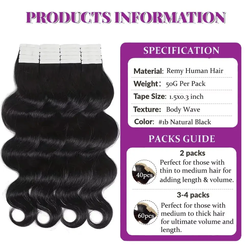 Body Wave Tape In Hair Extensions Extensions 100% Real Vietnamese Human Hair Natural Black Invisible Tape on For Woman 16-26inch