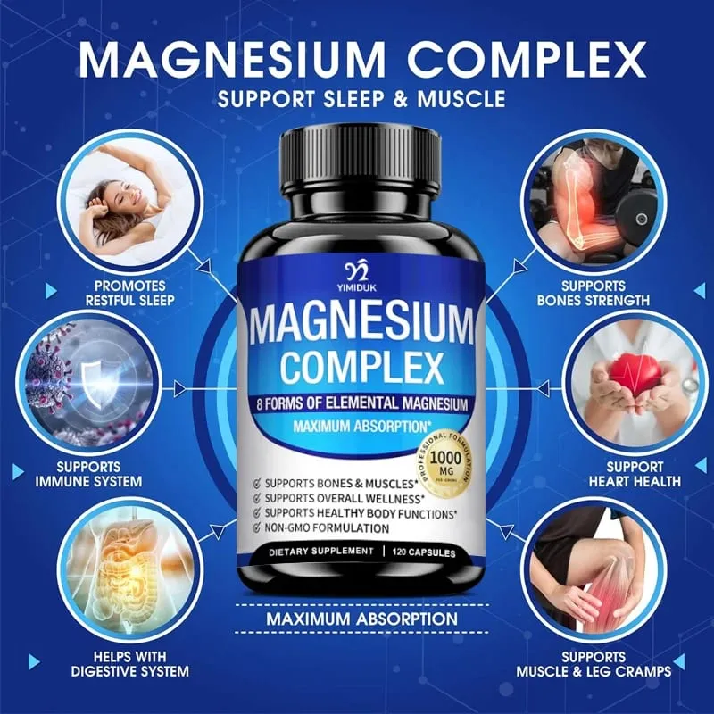 Suplemento Complexo de Magnésio 1000mg - Citrato de Glicinato de Magnésio Malato Taurato Quelatado para Ossos Energia de Recuperação Muscular — image 3